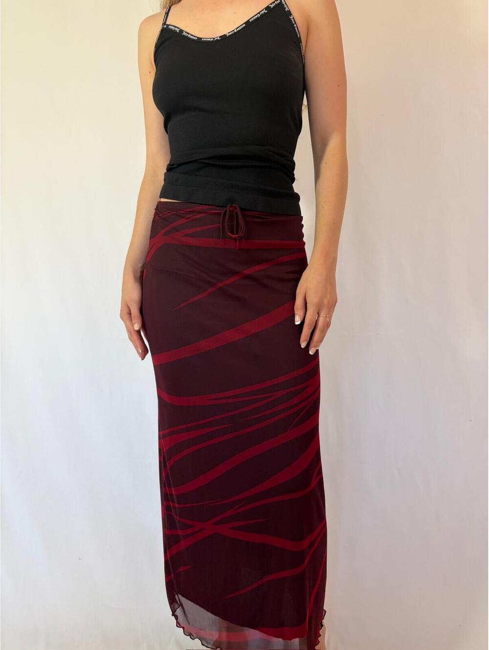 Dark Red Y2K Vintage Mesh Overlay Abstract Maxi Skirt